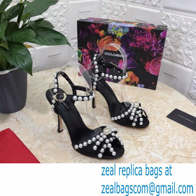 Dolce  &  Gabbana Heel 10.5cm Satin Sandals Black with Pearl Application 2021